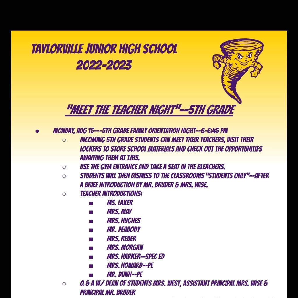 TJHS "Meet the Teacher Night"--5th Grade